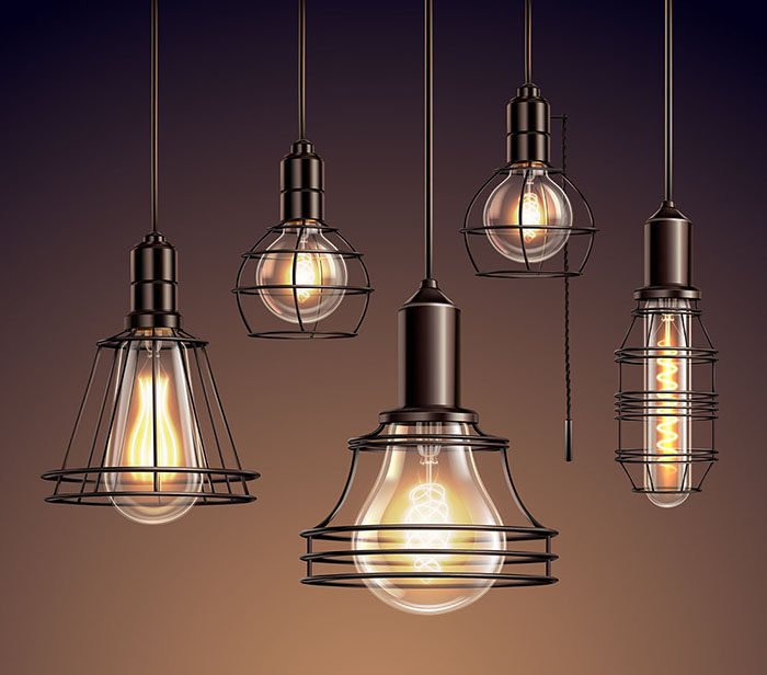 Loft edison vintage metal wire frame hanging  lamps with soft glowing light bulbs realistic set vector illustration